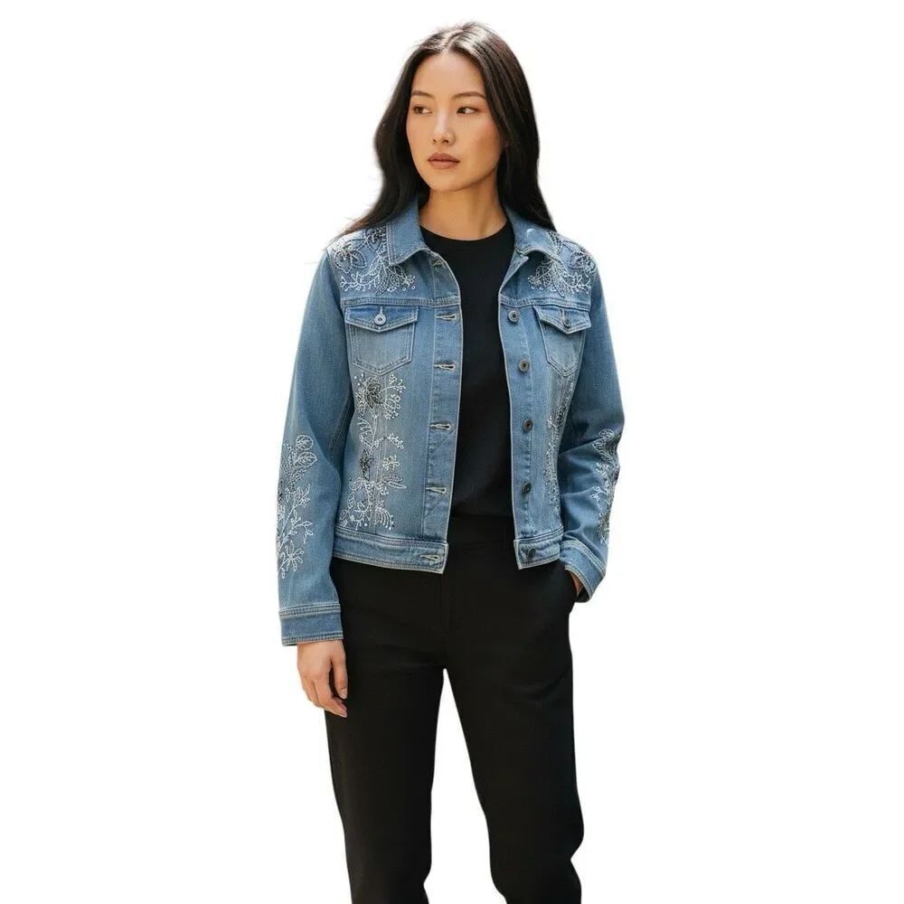 Chico's Platinum Embroidered Floral Denim Jacket Beaded Blue Jean Coat Size 1